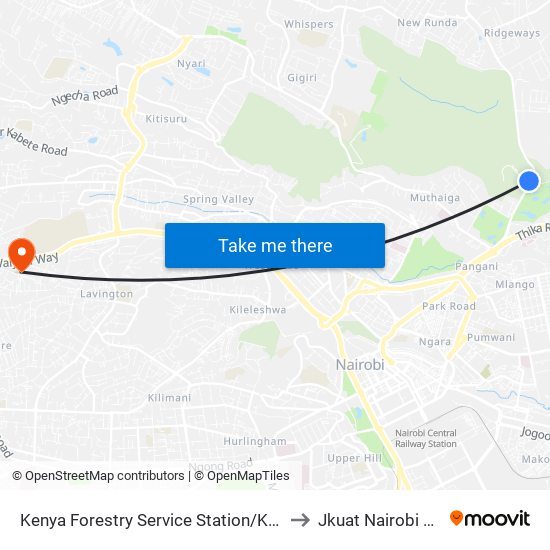 Kenya Forestry Service Station/Kfs Karura Gate to Jkuat Nairobi Campus map