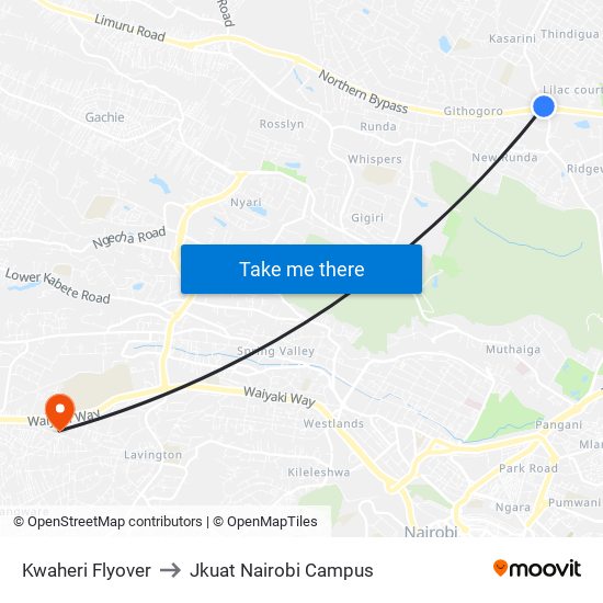 Kwaheri Flyover to Jkuat Nairobi Campus map