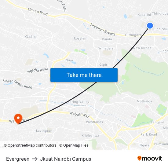 Evergreen to Jkuat Nairobi Campus map