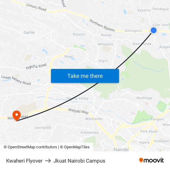 Kwaheri Flyover to Jkuat Nairobi Campus map