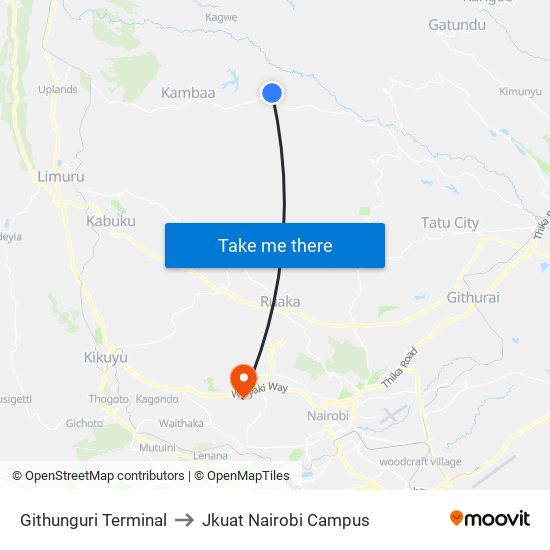 Githunguri Terminal to Jkuat Nairobi Campus map