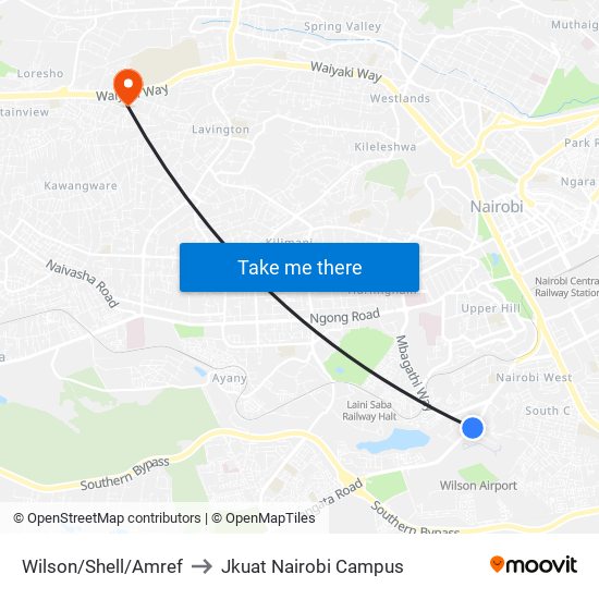 Wilson/Shell/Amref to Jkuat Nairobi Campus map