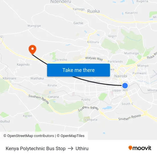 Kenya Polytechnic Bus Stop to Uthiru map