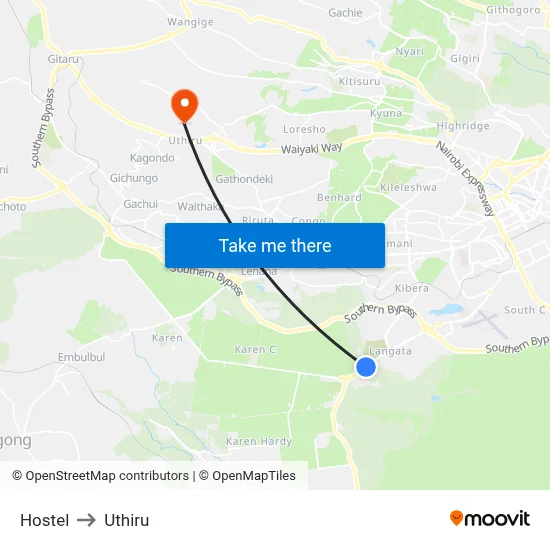 Hostel to Uthiru map