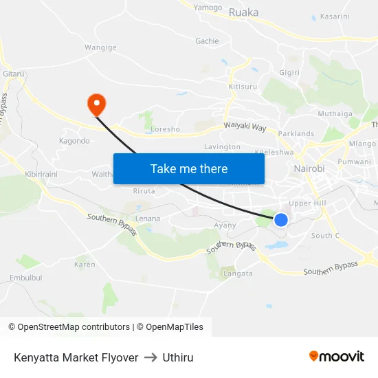 Kenyatta Market Flyover to Uthiru map