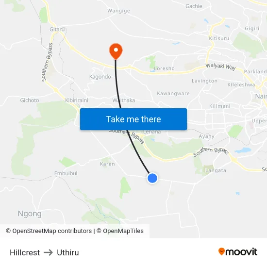 Hillcrest to Uthiru map