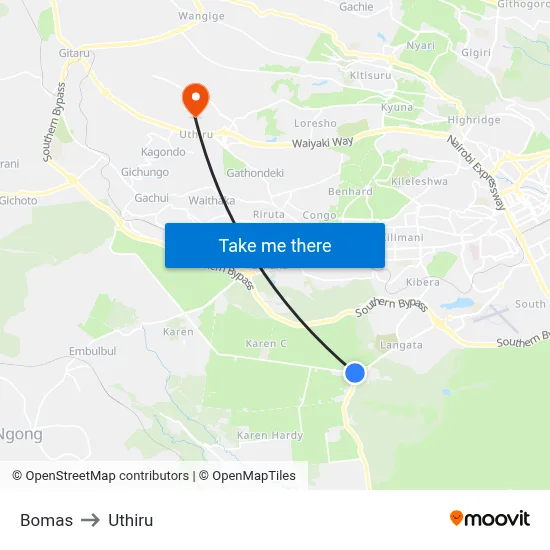 Bomas to Uthiru map