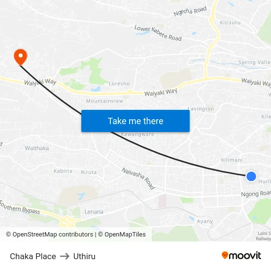 Chaka Place to Uthiru map