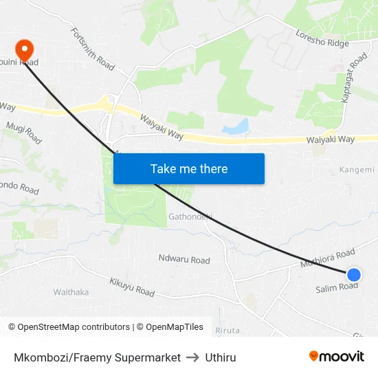 Mkombozi/Fraemy Supermarket to Uthiru map