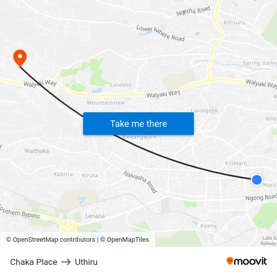 Chaka Place to Uthiru map