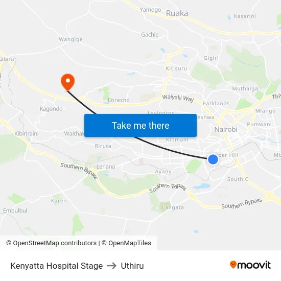 Kenyatta Hospital Stage to Uthiru map