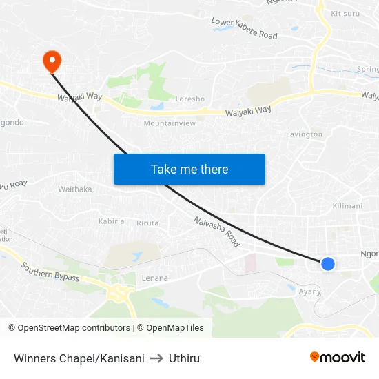Winners Chapel/Kanisani to Uthiru map