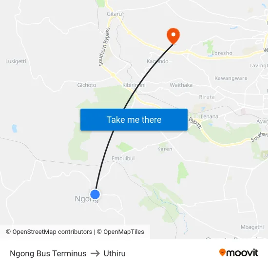 Ngong Bus Terminus to Uthiru map