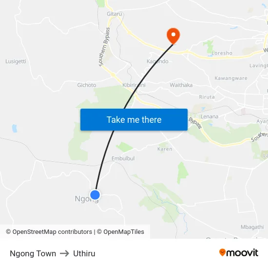 Ngong Town to Uthiru map