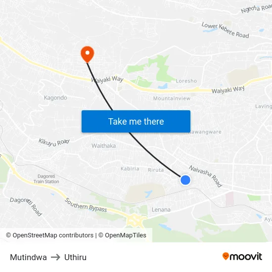 Mutindwa to Uthiru map