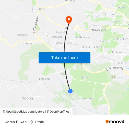 Karen Blixen to Uthiru map