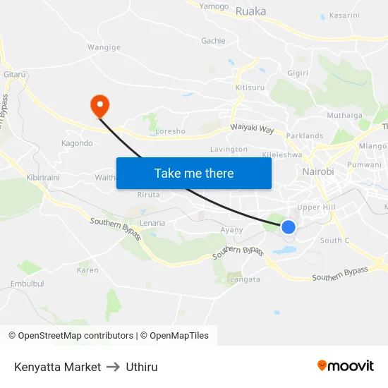 Kenyatta Market to Uthiru map