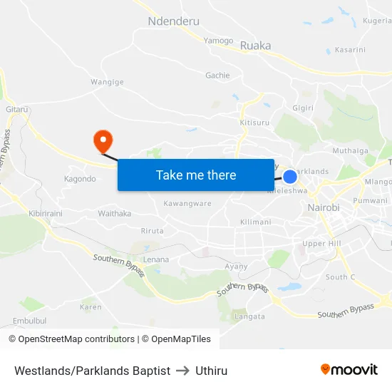 Westlands/Parklands Baptist to Uthiru map