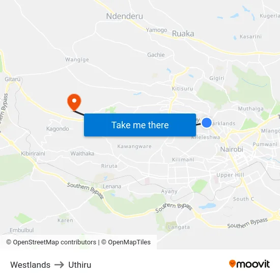 Westlands to Uthiru map
