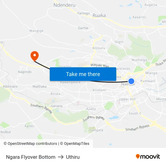 Ngara Flyover Bottom to Uthiru map