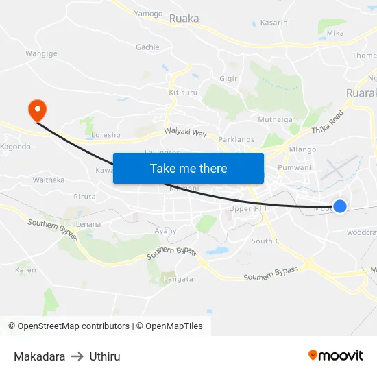 Makadara to Uthiru map