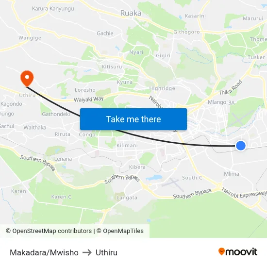 Makadara/Mwisho to Uthiru map
