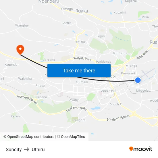 Suncity to Uthiru map