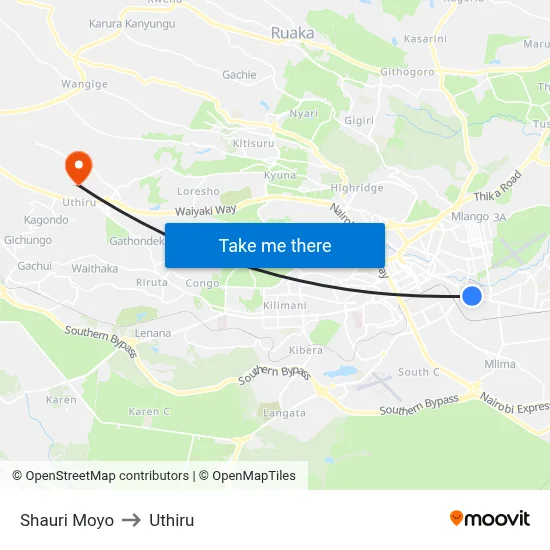 Shauri Moyo to Uthiru map
