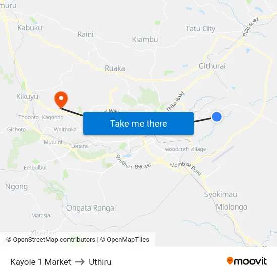 Kayole 1 Market to Uthiru map