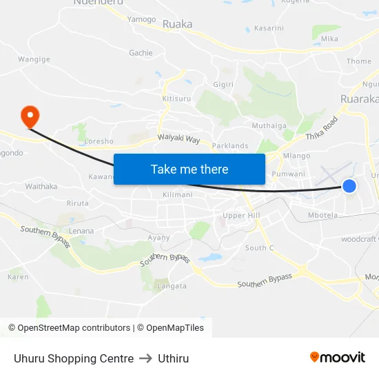 Uhuru Shopping Centre to Uthiru map