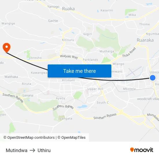 Mutindwa to Uthiru map