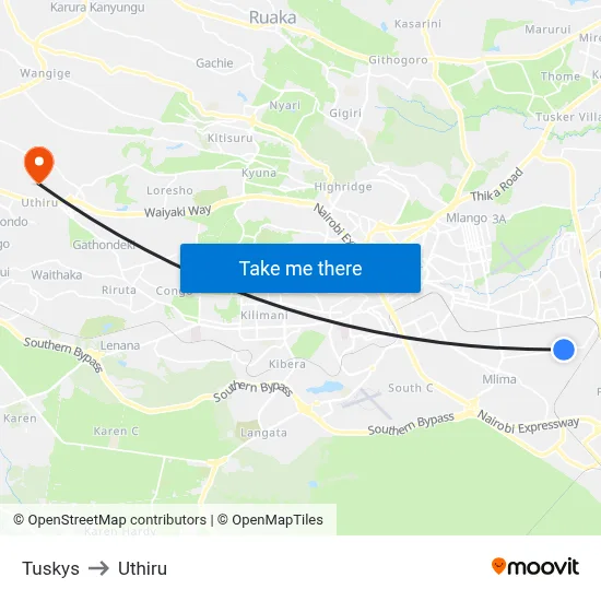 Tuskys to Uthiru map