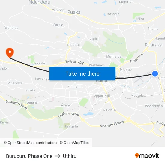 Buruburu Phase One to Uthiru map