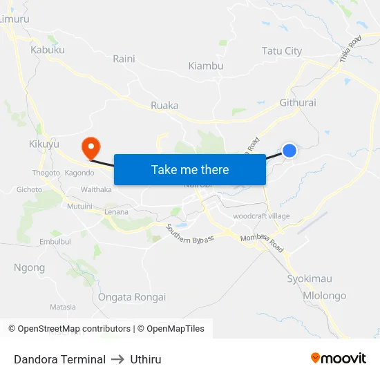 Dandora Terminal to Uthiru map