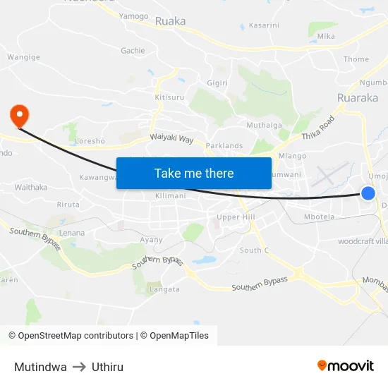 Mutindwa to Uthiru map