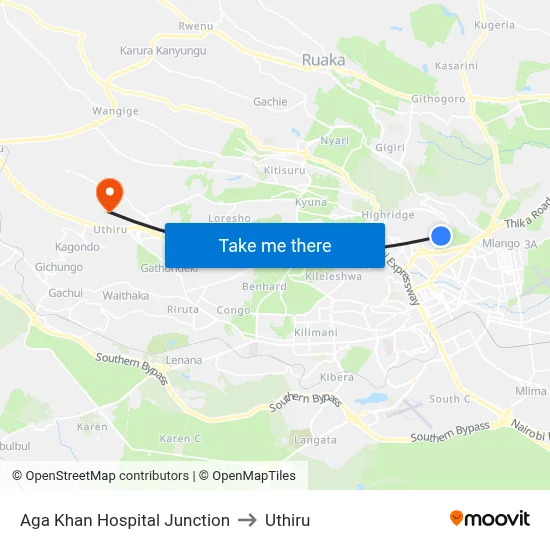 Aga Khan Hospital Junction to Uthiru map