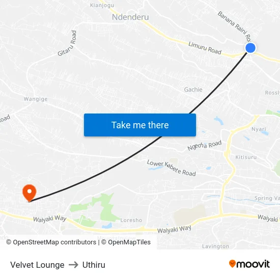 Velvet Lounge to Uthiru map