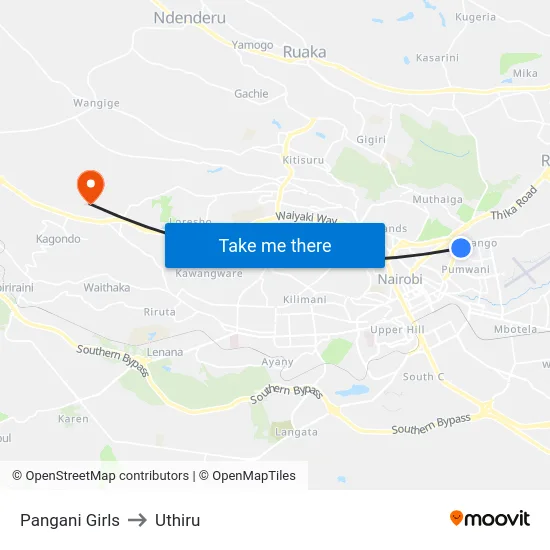 Pangani Girls to Uthiru map