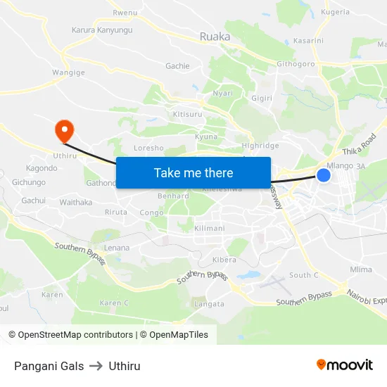 Pangani Gals to Uthiru map
