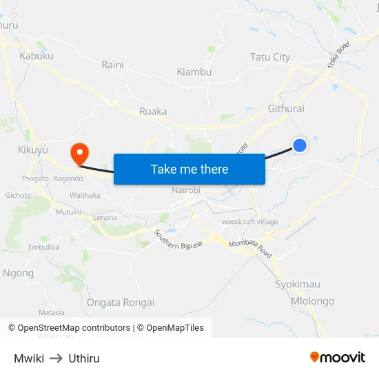 Mwiki to Uthiru map