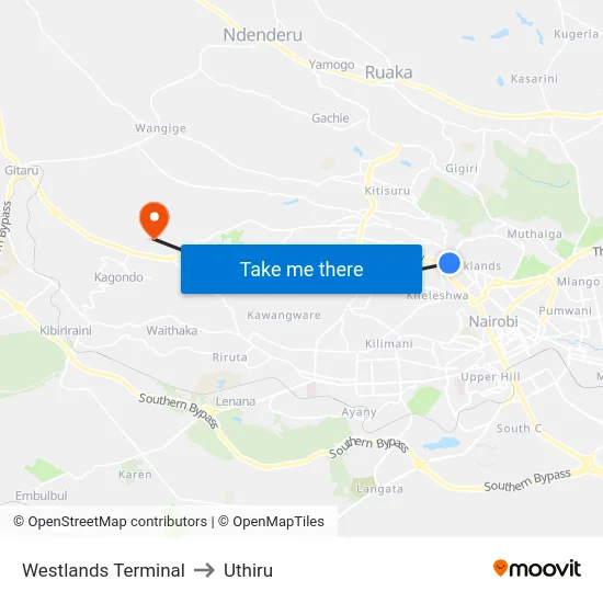 Westlands Terminal to Uthiru map