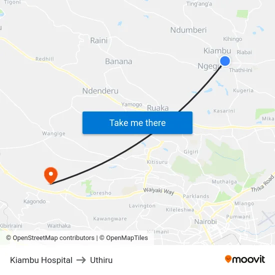 Kiambu Hospital to Uthiru map