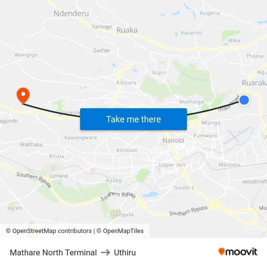 Mathare North Terminal to Uthiru map