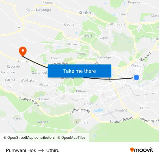 Pumwani Hos to Uthiru map