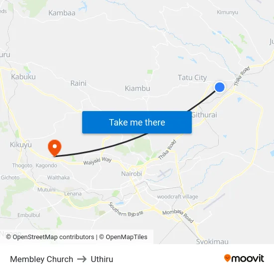 Membley Church to Uthiru map