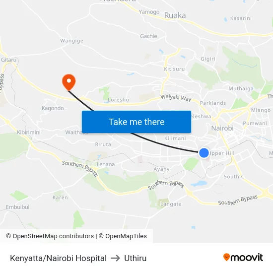 Kenyatta/Nairobi Hospital to Uthiru map