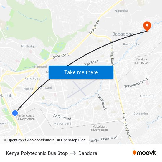 Kenya Polytechnic Bus Stop to Dandora map
