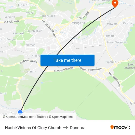 Hashi/Visions Of Glory Church to Dandora map