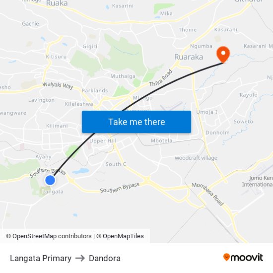 Langata Primary to Dandora map