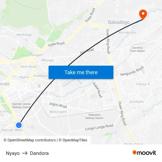 Nyayo to Dandora map